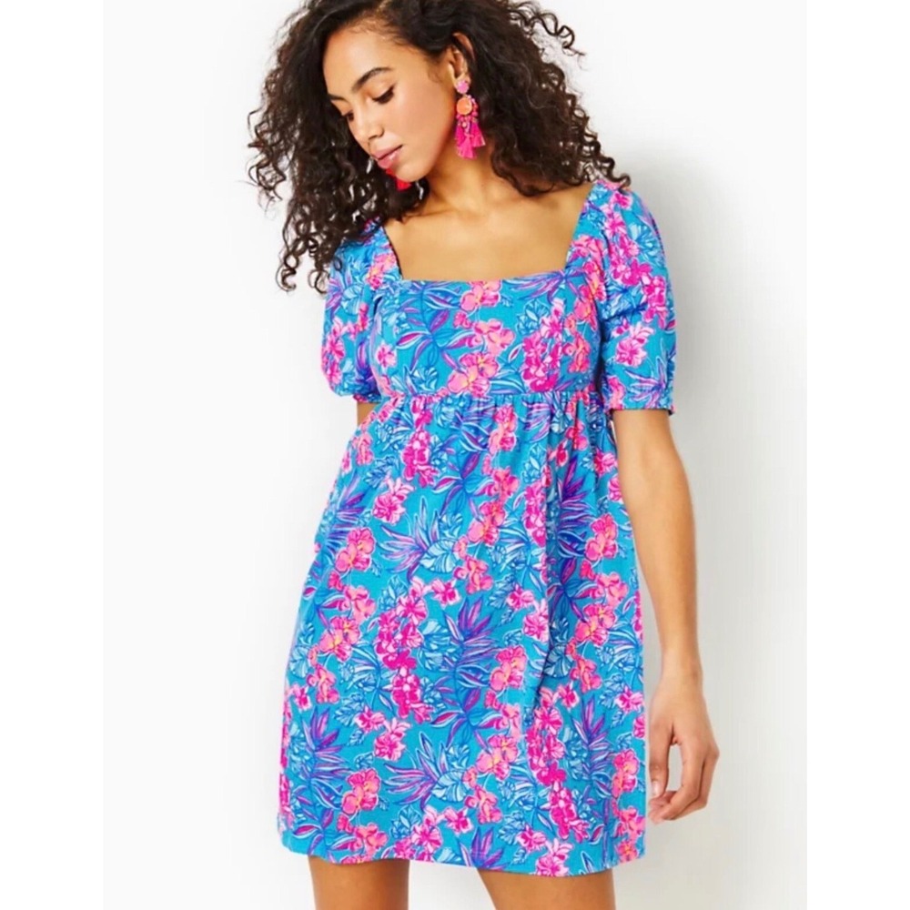 Lilly Pulitzer Blue Pink Floral Puff-Sleeve Square-Neck Dress